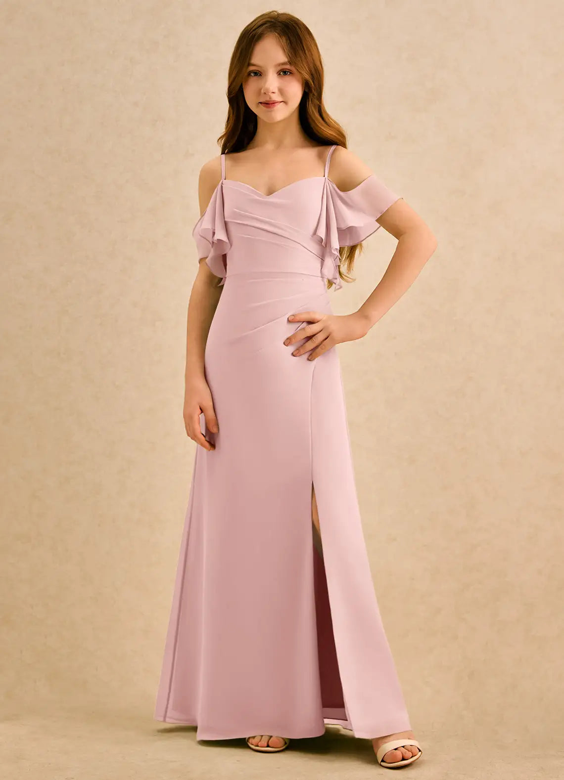 Adjustable Spaghetti Strap Off-The-Shoulder Ruffle Cowl Back Ruched Side Slit Dusty Rose Chiffon Full-Length Junior Bridesmaid Dresses