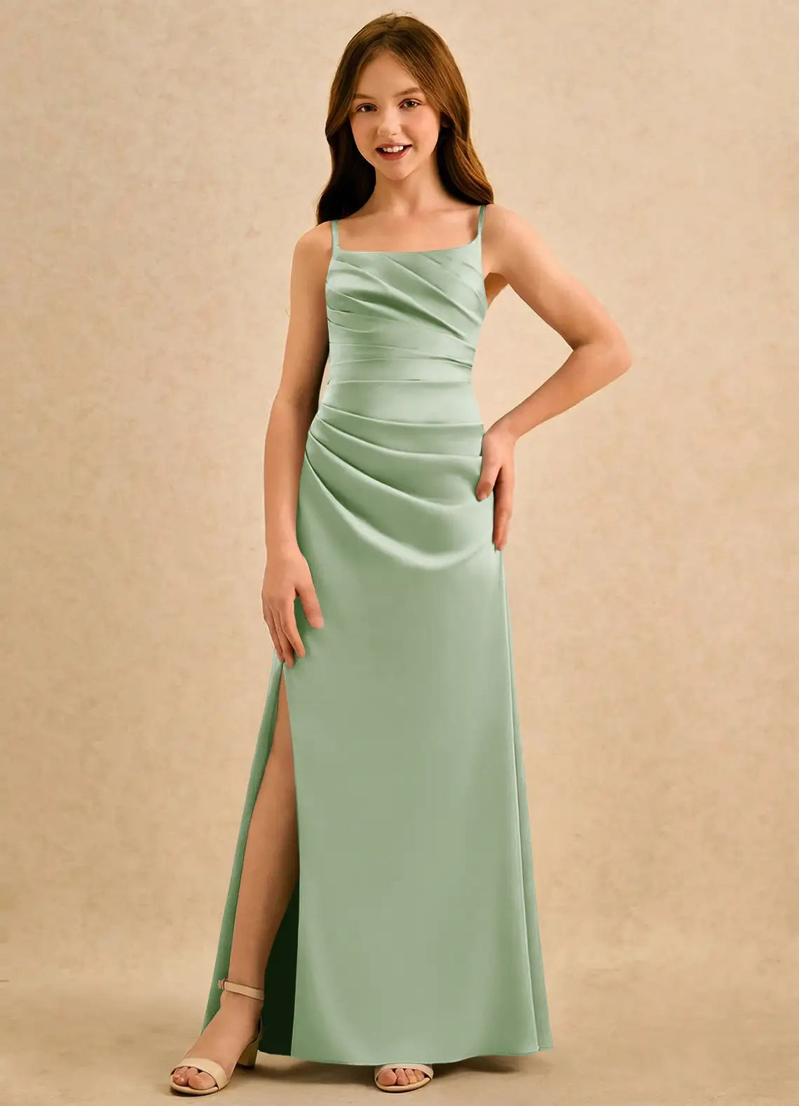 Adjustable Spaghetti Strap Ruched Side Drape Slit Sage Satin Full Length Junior Bridesmaid Dresses