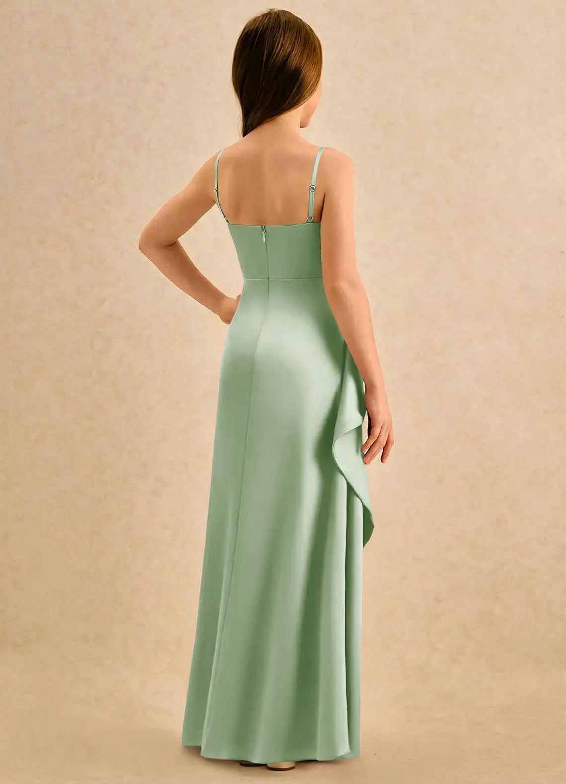 Adjustable Spaghetti Strap Ruched Side Drape Slit Sage Satin Full Length Junior Bridesmaid Dresses