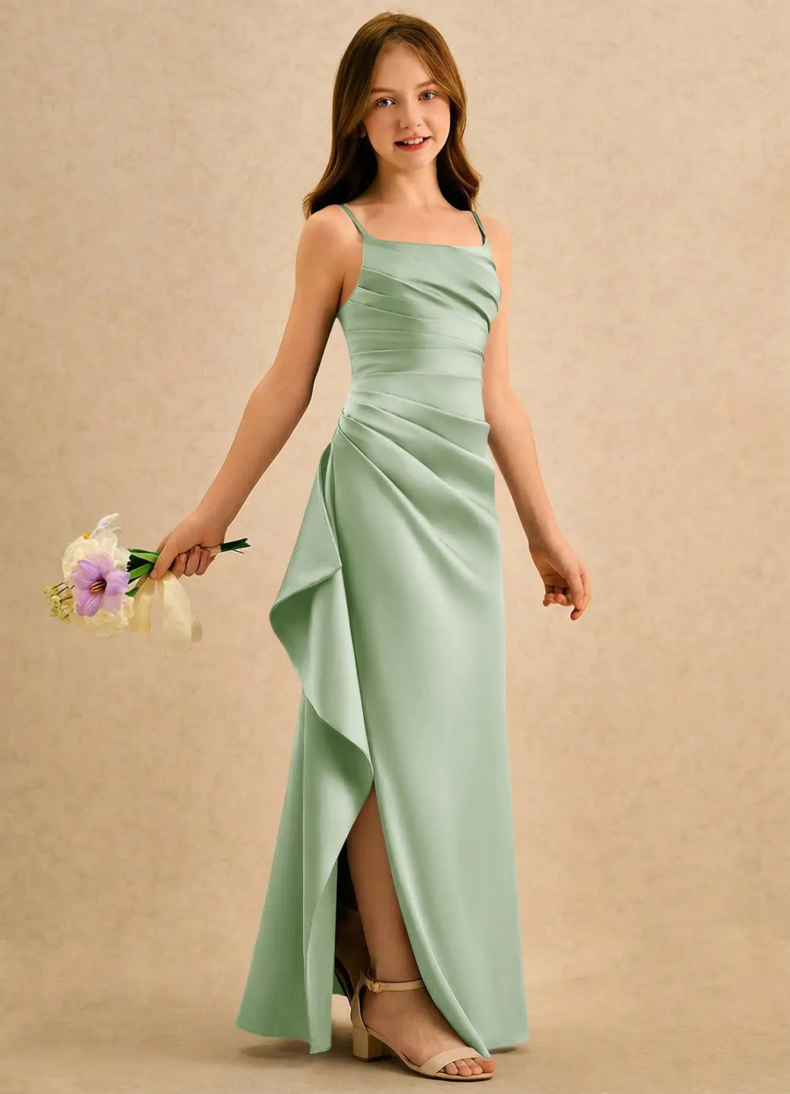 Adjustable Spaghetti Strap Ruched Side Drape Slit Sage Satin Full Length Junior Bridesmaid Dresses
