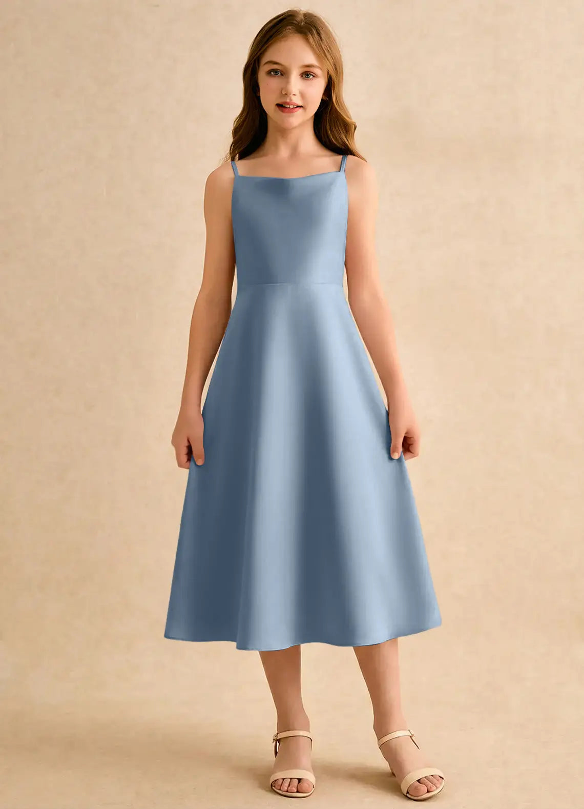Adjustable Spaghetti Strap Square Neck Back Big Bow Dusty Blue Satin Midi Junior Bridesmaid Dresses