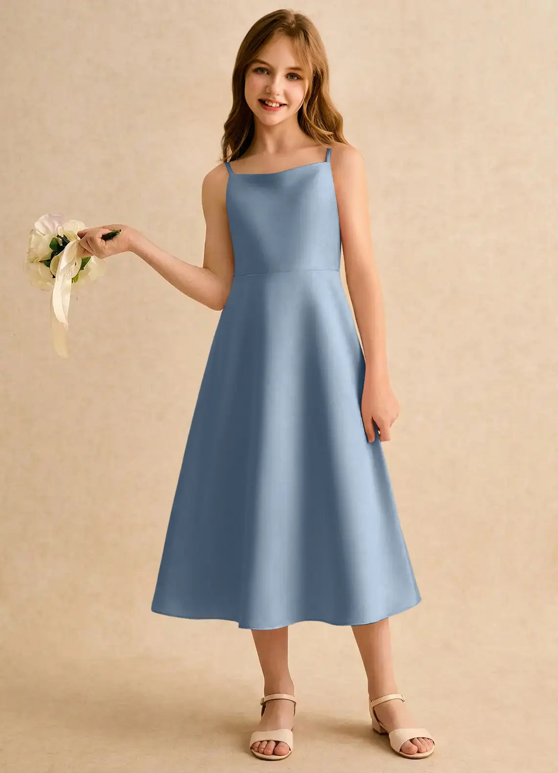 Adjustable Spaghetti Strap Square Neck Back Big Bow Dusty Blue Satin Midi Junior Bridesmaid Dresses