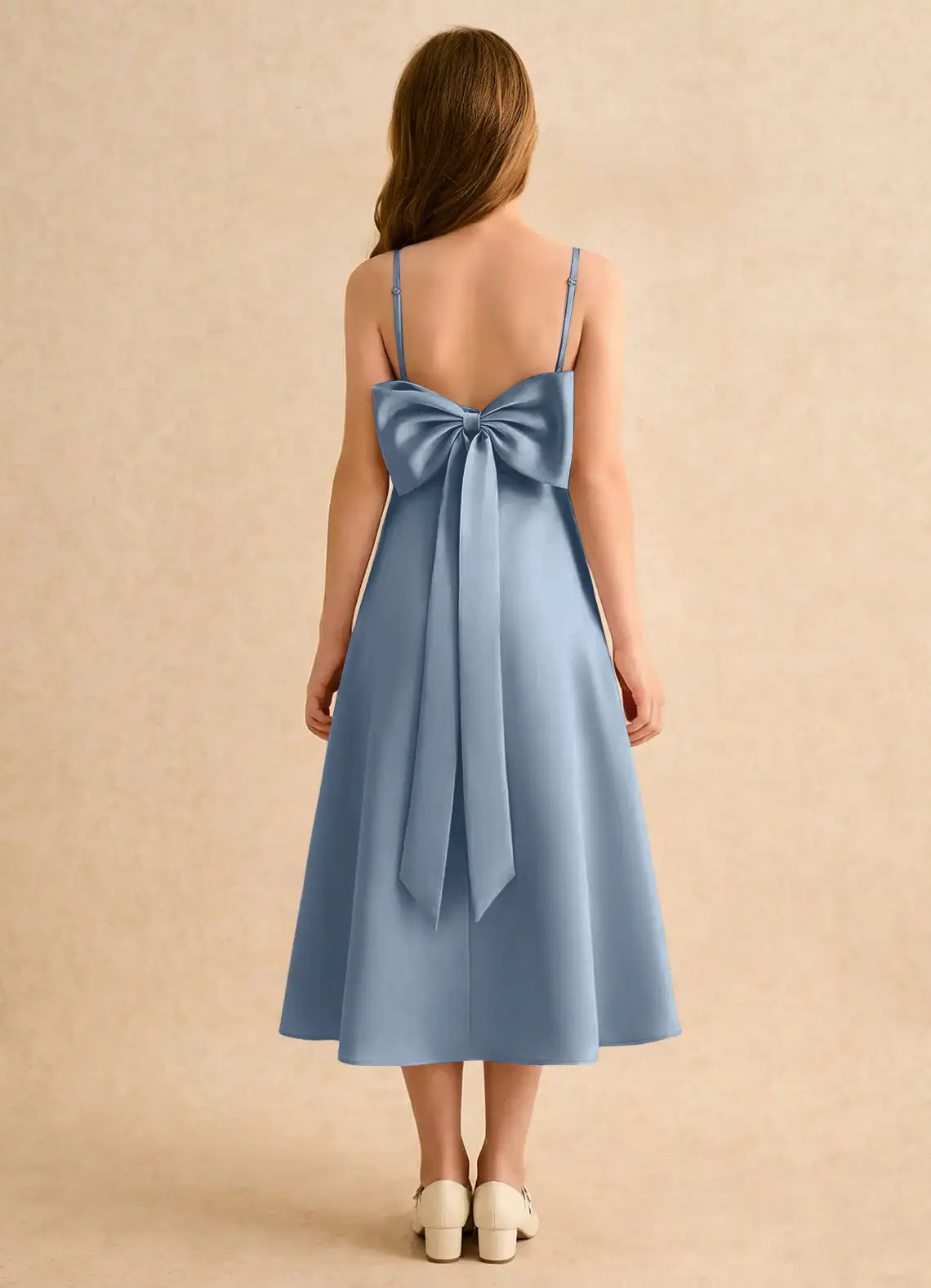 Adjustable Spaghetti Strap Square Neck Back Big Bow Dusty Blue Satin Midi Junior Bridesmaid Dresses
