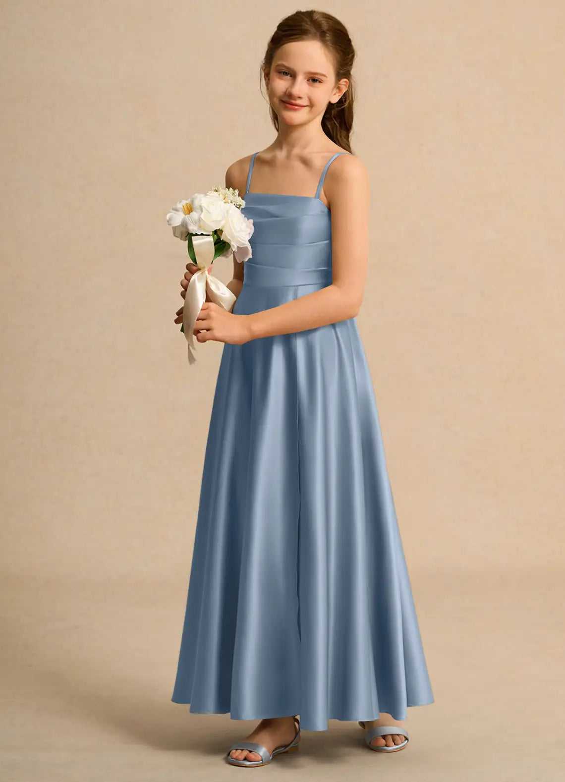 Adjustable Spaghetti Strap Square Neck Dusty Blue Satin Full-Length Junior Bridesmaid Dresses with Back Sash Bow