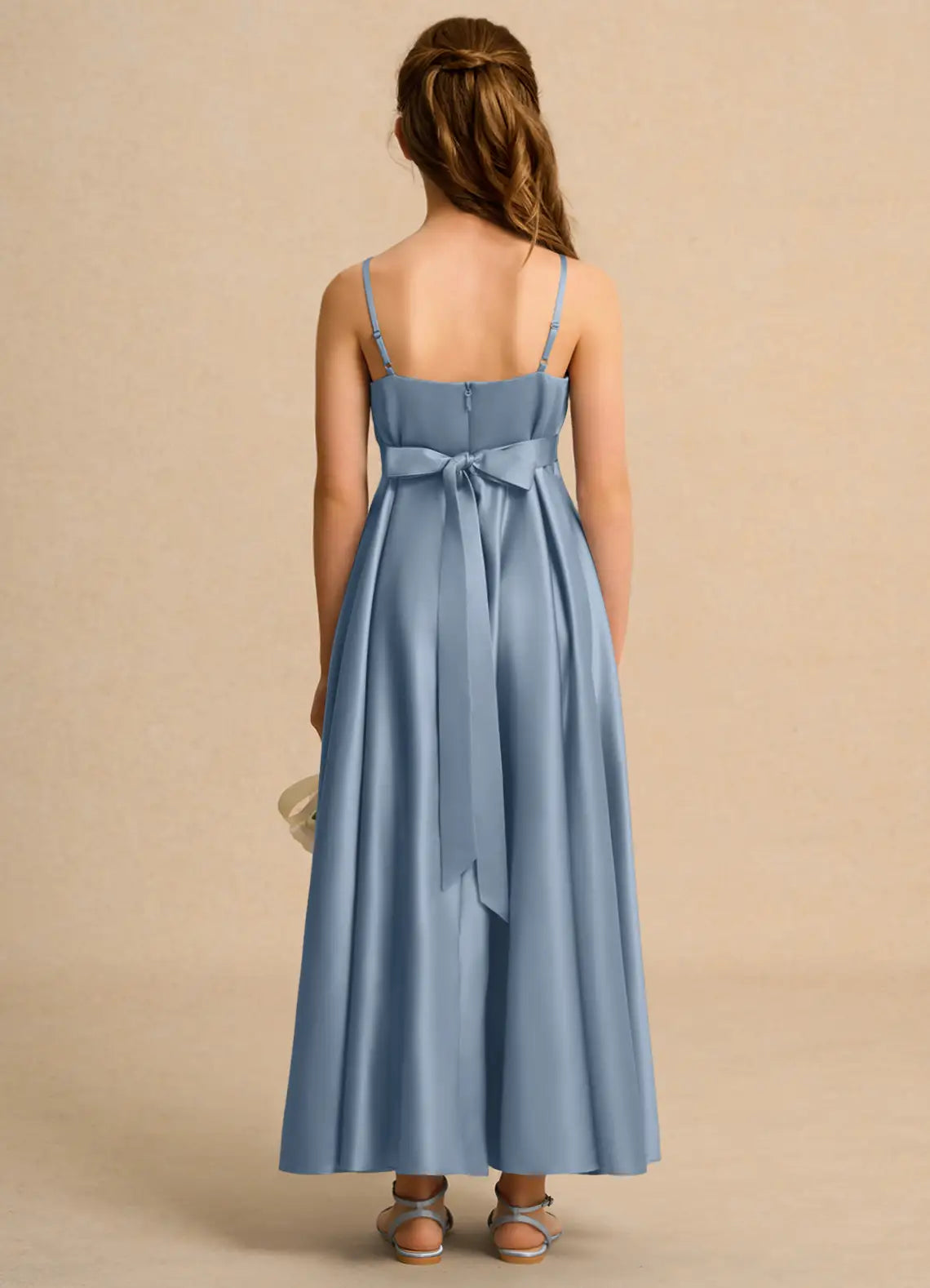 Adjustable Spaghetti Strap Square Neck Dusty Blue Satin Full-Length Junior Bridesmaid Dresses with Back Sash Bow