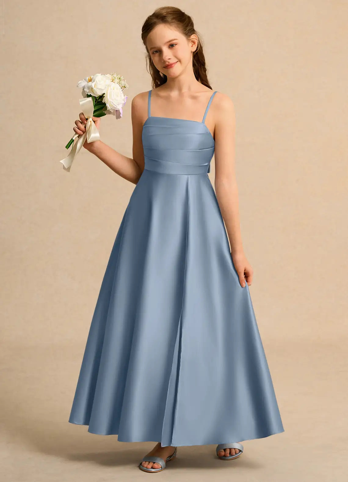 Adjustable Spaghetti Strap Square Neck Dusty Blue Satin Full-Length Junior Bridesmaid Dresses with Back Sash Bow