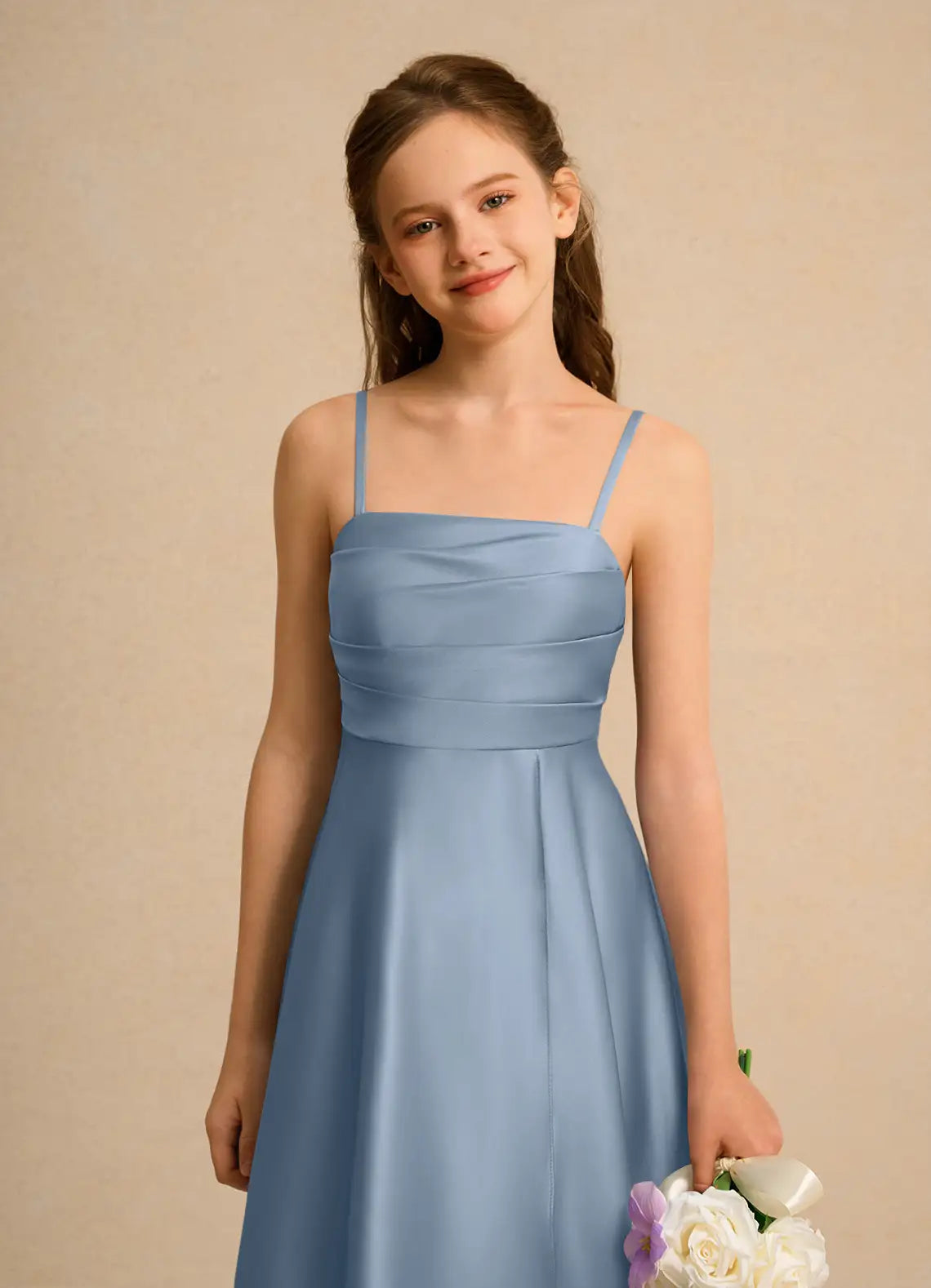 Adjustable Spaghetti Strap Square Neck Dusty Blue Satin Full-Length Junior Bridesmaid Dresses with Back Sash Bow