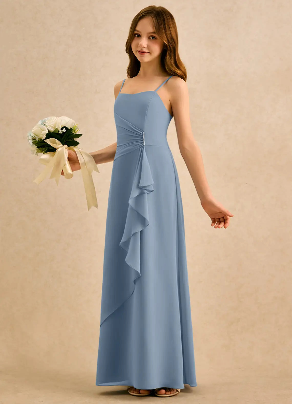 Adjustable Spaghetti Strap Square Neck Side Ruffle Dusty Blue Chiffon Full-Length Junior Bridesmaid Dresses