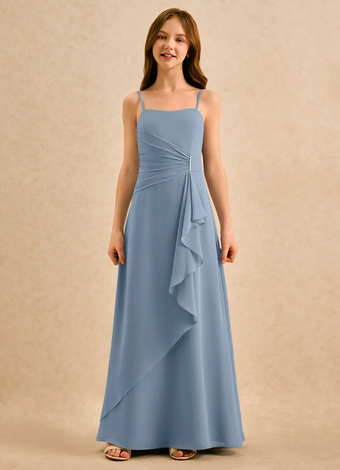 Adjustable Spaghetti Strap Square Neck Side Ruffle Dusty Blue Chiffon Full-Length Junior Bridesmaid Dresses