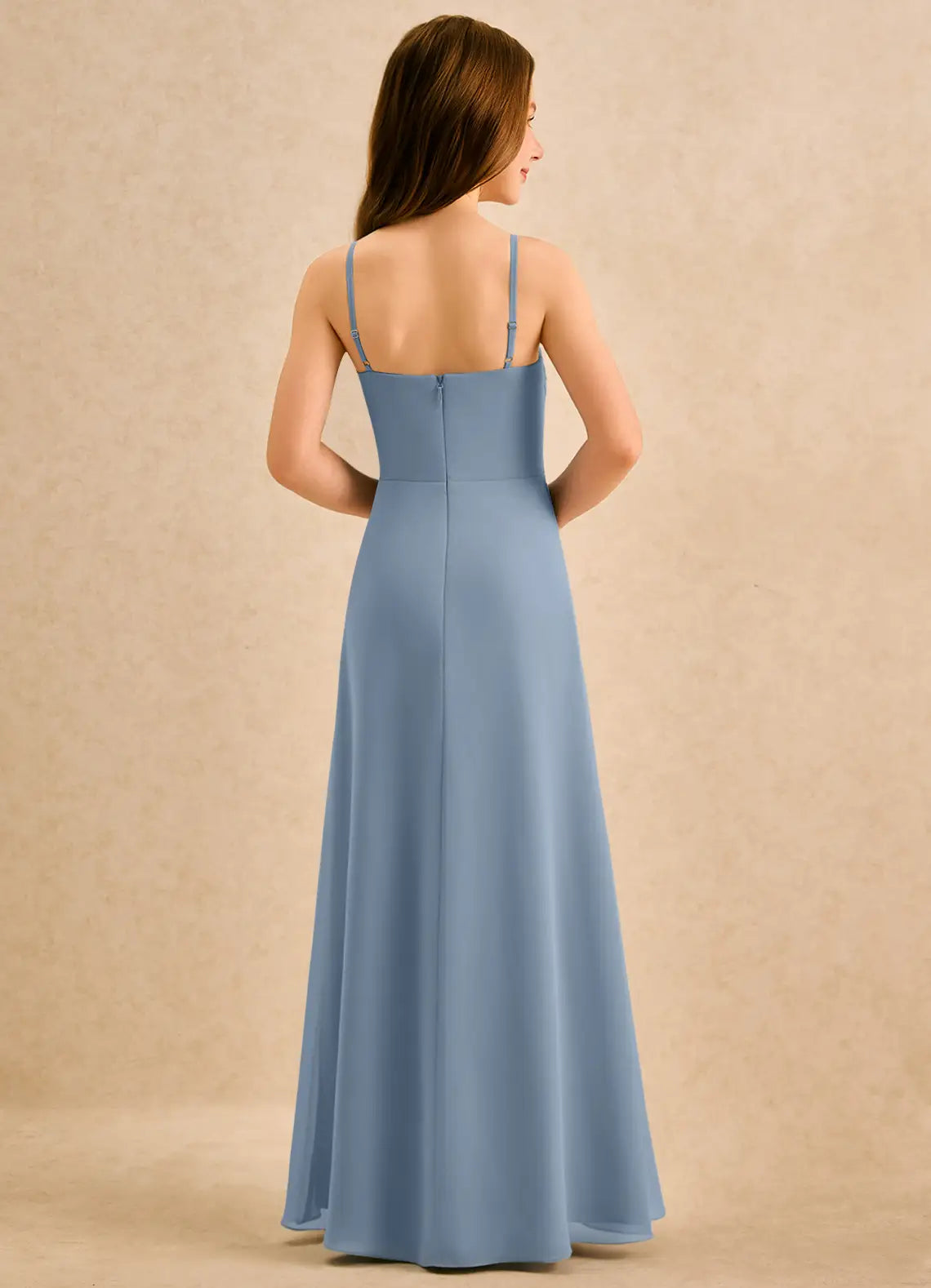 Adjustable Spaghetti Strap Square Neck Side Ruffle Dusty Blue Chiffon Full-Length Junior Bridesmaid Dresses