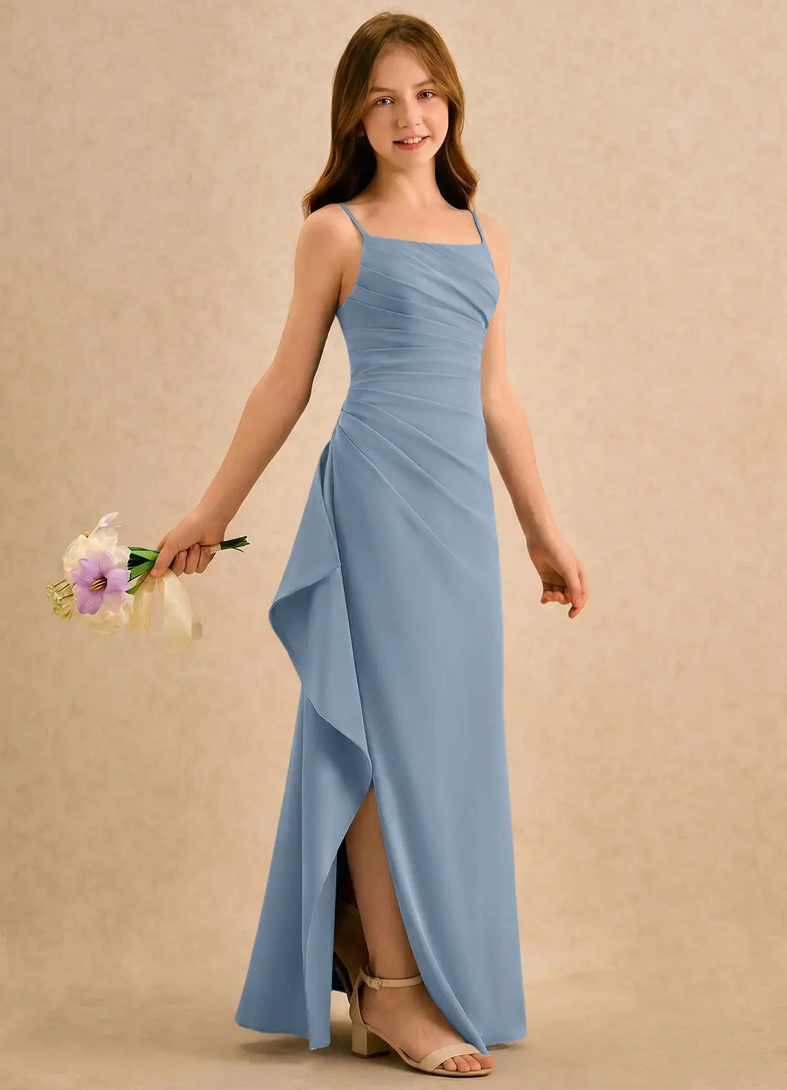 Adjustable Spaghetti Strap Square Ruched Side Ruffle Front Slit Dusty Blue Chiffon Full-Length Junior Bridesmaid Dresses