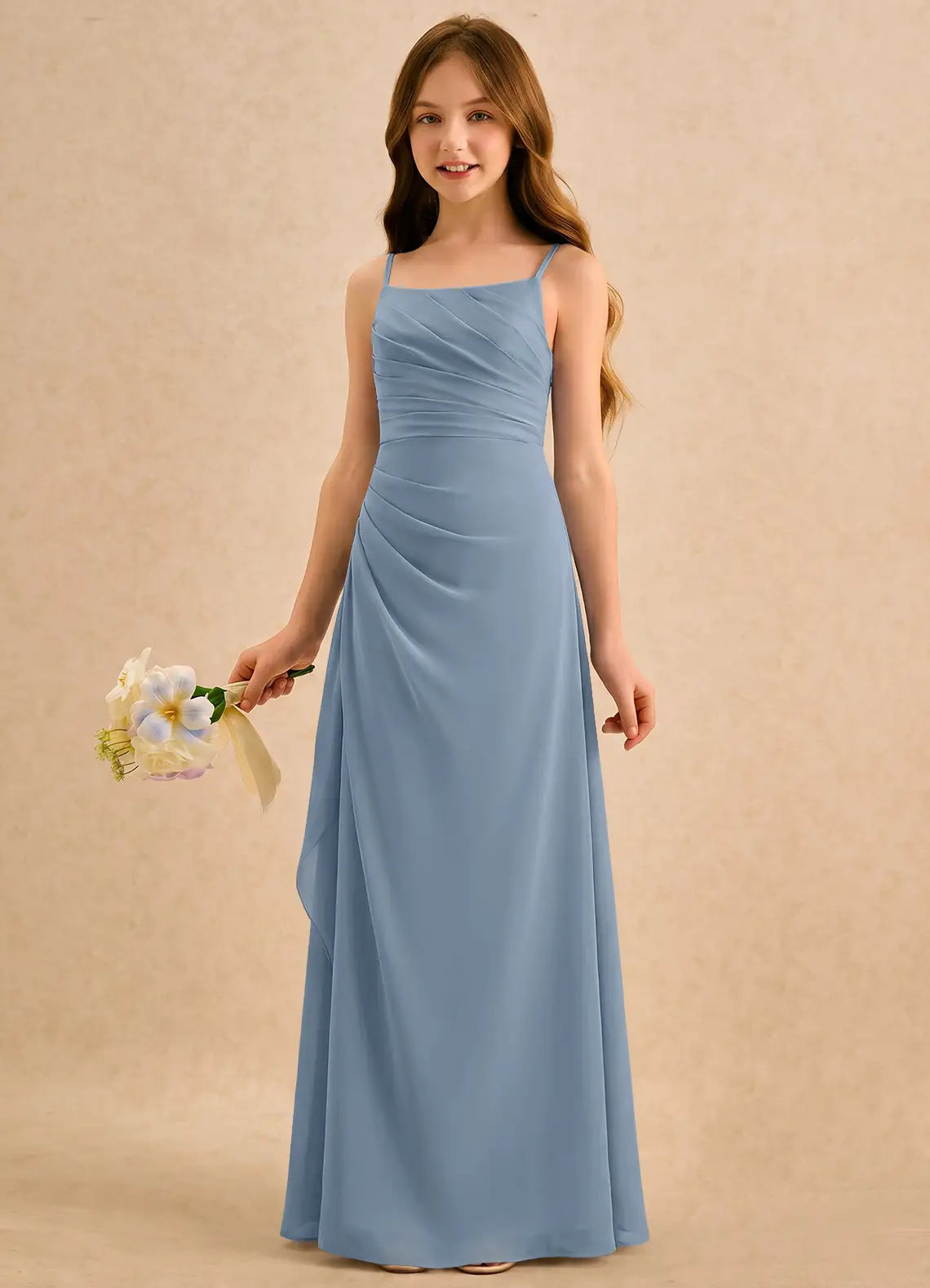 Adjustable Spaghetti Strap Square Ruched Side Ruffle Front Slit Dusty Blue Chiffon Full-Length Junior Bridesmaid Dresses