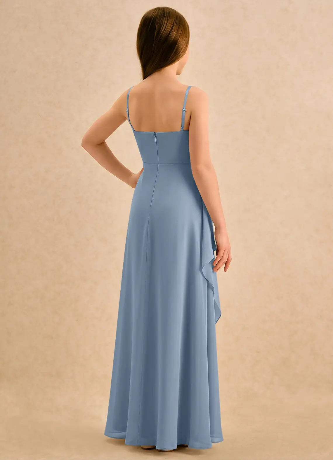 Adjustable Spaghetti Strap Square Ruched Side Ruffle Front Slit Dusty Blue Chiffon Full-Length Junior Bridesmaid Dresses