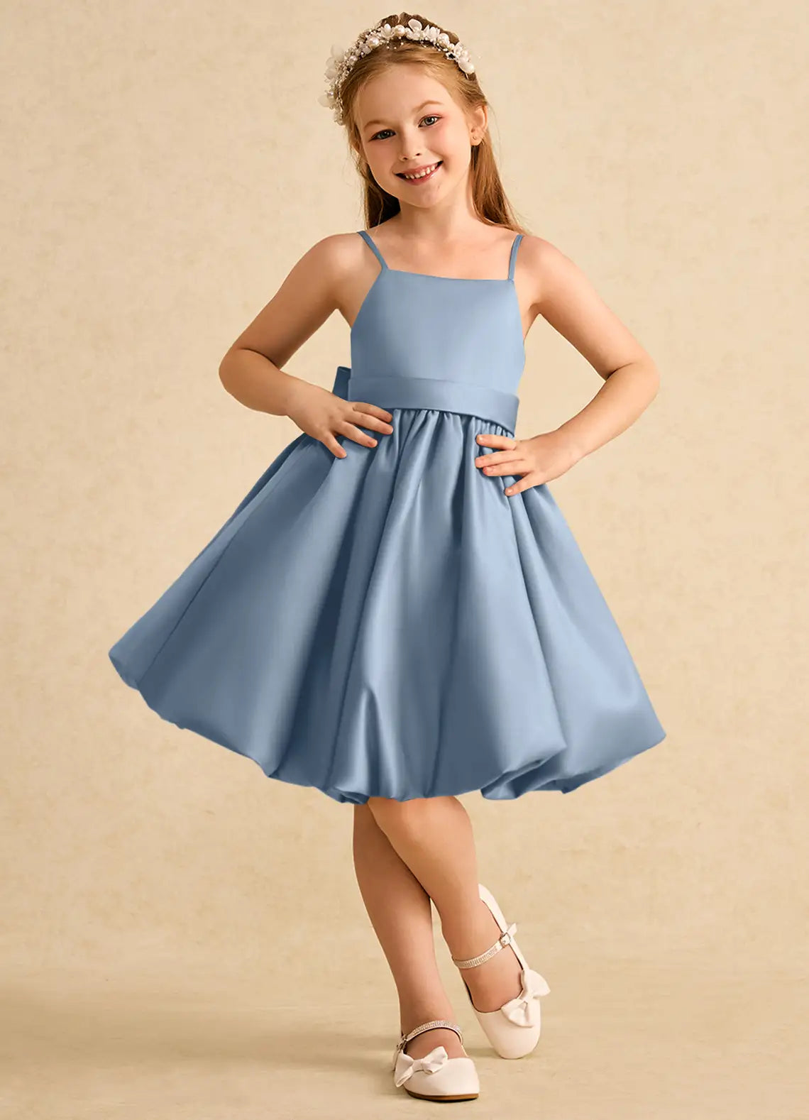 Adjustable Spaghetti Strap Square V-Back Big Self-Tie Bubble Hem Dusty Blue Satin Knee-Length Flower Girl Dresses