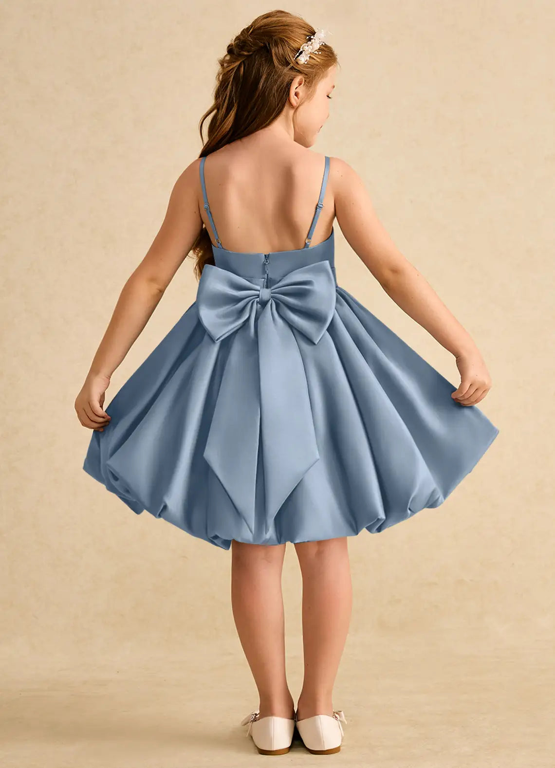 Adjustable Spaghetti Strap Square V-Back Big Self-Tie Bubble Hem Dusty Blue Satin Knee-Length Flower Girl Dresses