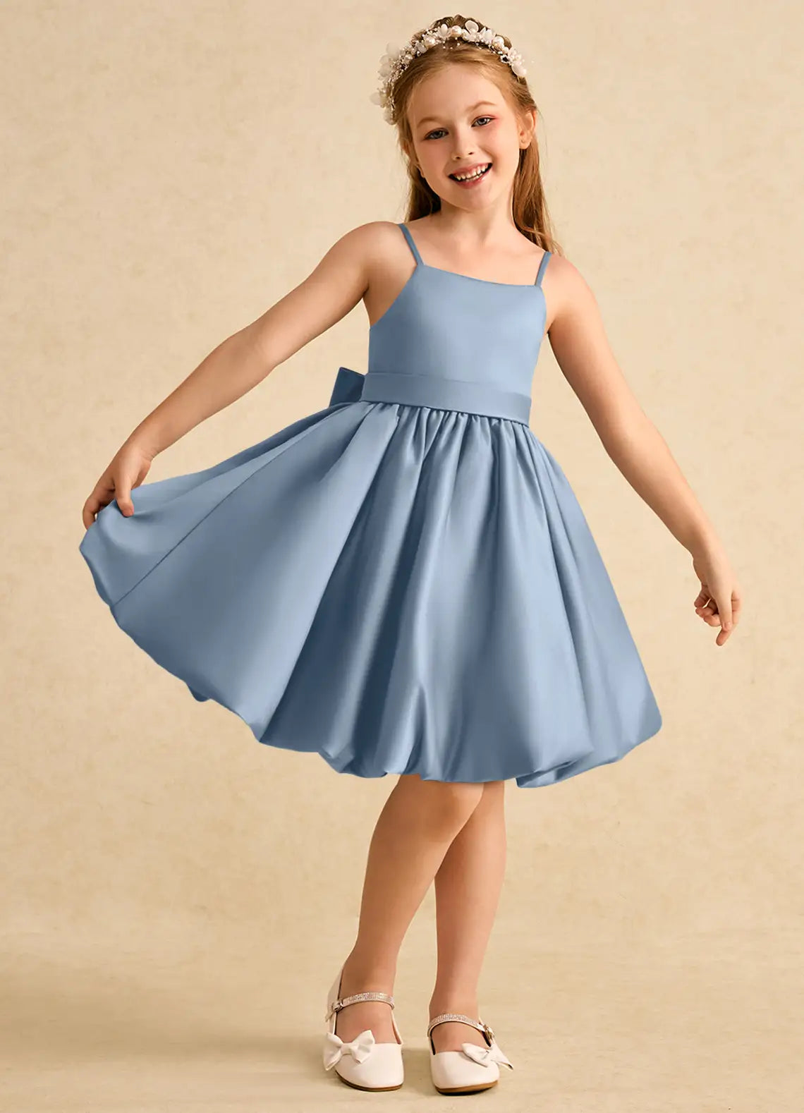 Adjustable Spaghetti Strap Square V-Back Big Self-Tie Bubble Hem Dusty Blue Satin Knee-Length Flower Girl Dresses