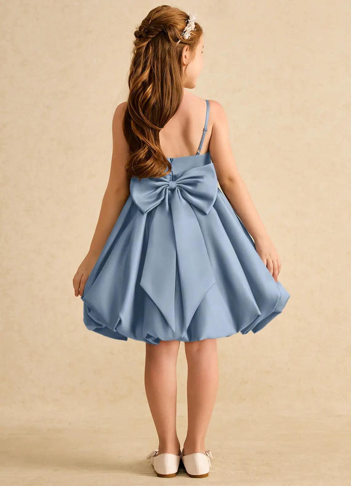 Adjustable Spaghetti Strap Square V-Back Big Self-Tie Bubble Hem Dusty Blue Satin Knee-Length Flower Girl Dresses