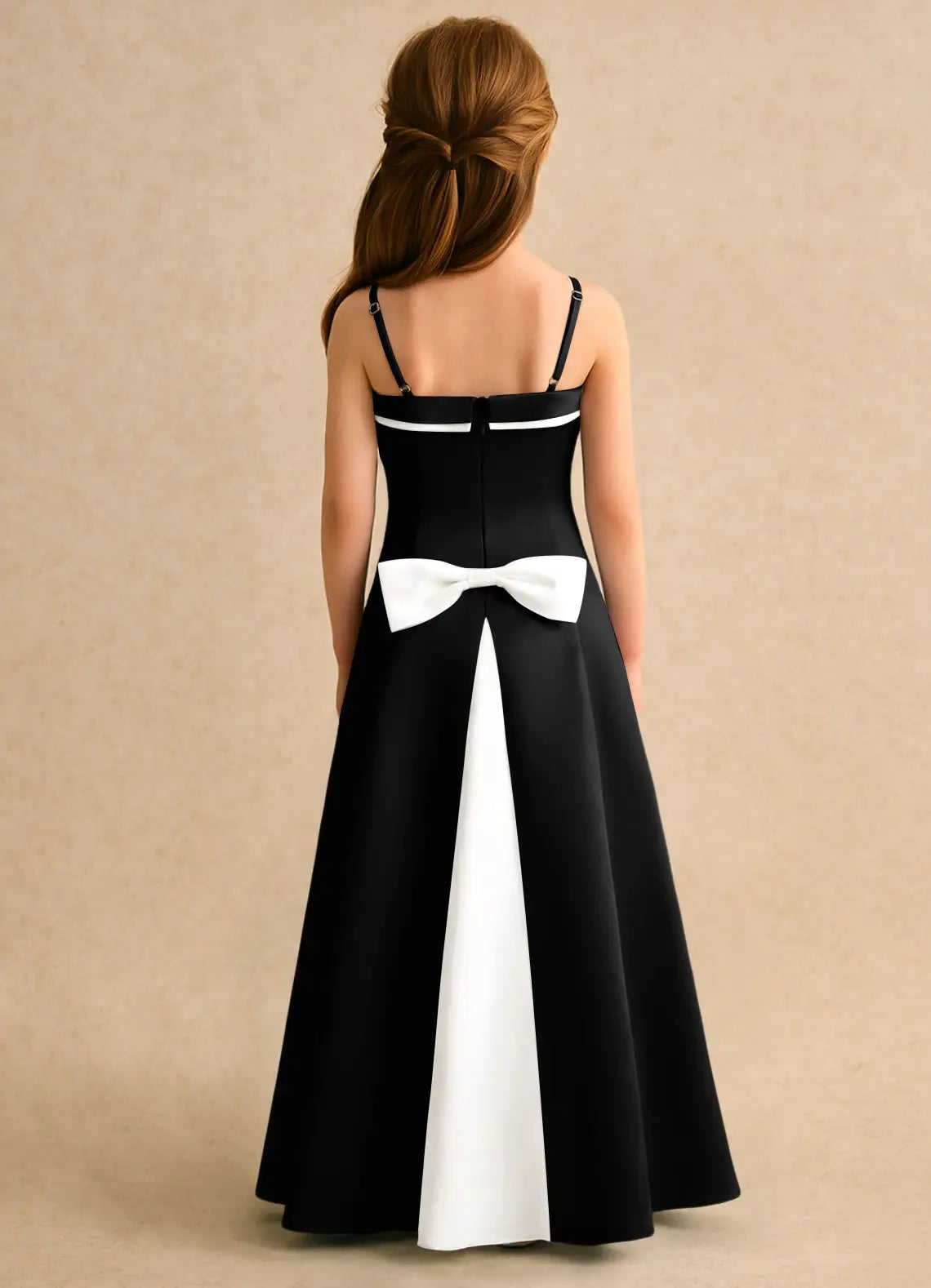 Adjustable Spaghetti Strap Square White Piping White Bow Black Satin Full-Length Flower Girl Dresses