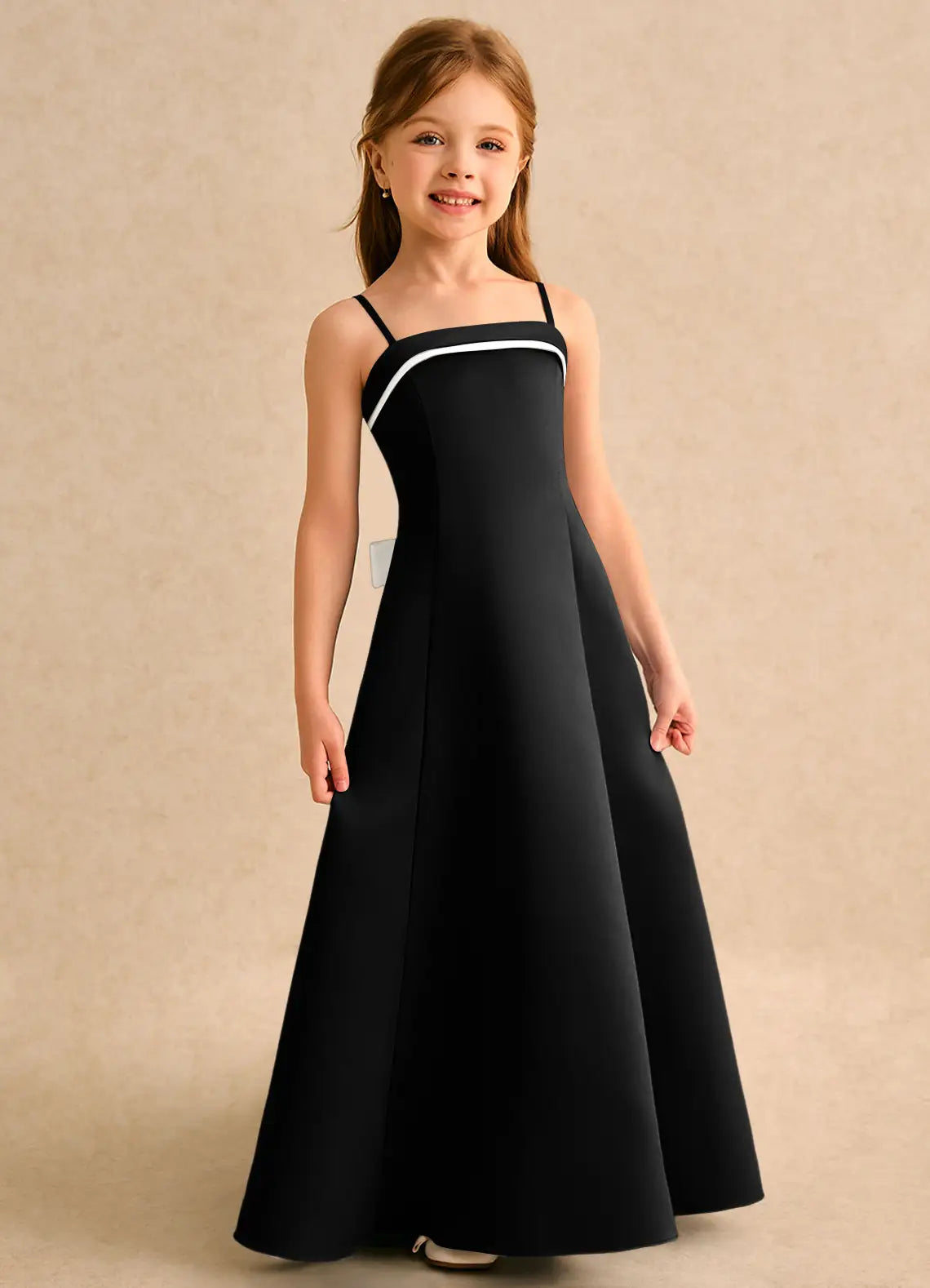 Adjustable Spaghetti Strap Square White Piping White Bow Black Satin Full-Length Flower Girl Dresses