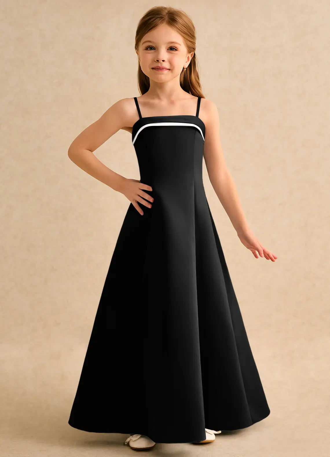 Adjustable Spaghetti Strap Square White Piping White Bow Black Satin Full-Length Flower Girl Dresses