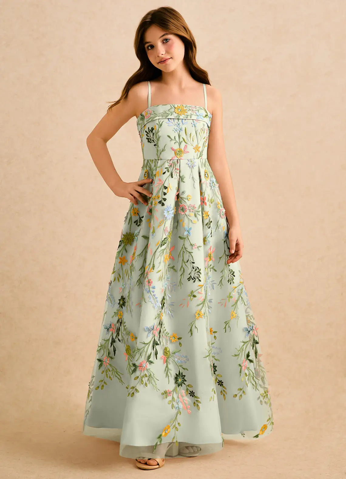 Adjustable Spaghetti Strap Straight Neck Multicolor Floral Embroidered Sage Tulle Full-Length Junior Bridesmaid Dresses