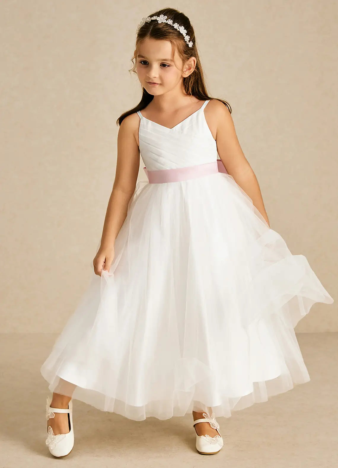 Adjustable Spaghetti Strap V-Neck V-Back Pink Sash Big Bow White Tulle Midi Flower Girl Dresses