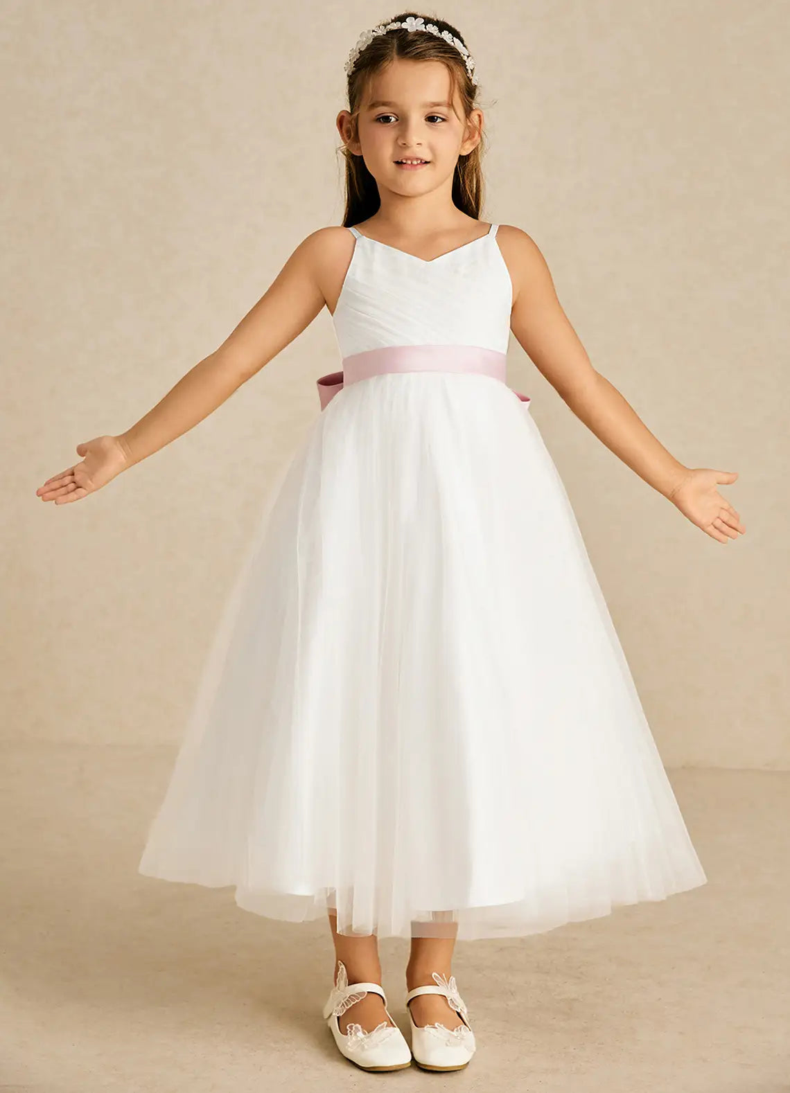Adjustable Spaghetti Strap V-Neck V-Back Pink Sash Big Bow White Tulle Midi Flower Girl Dresses