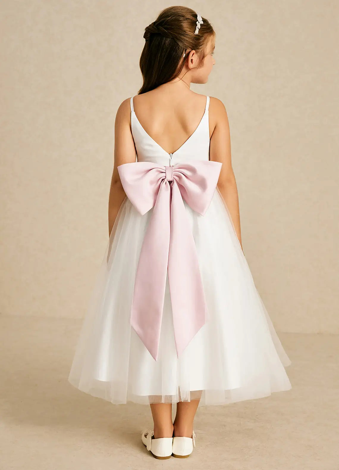 Adjustable Spaghetti Strap V-Neck V-Back Pink Sash Big Bow White Tulle Midi Flower Girl Dresses
