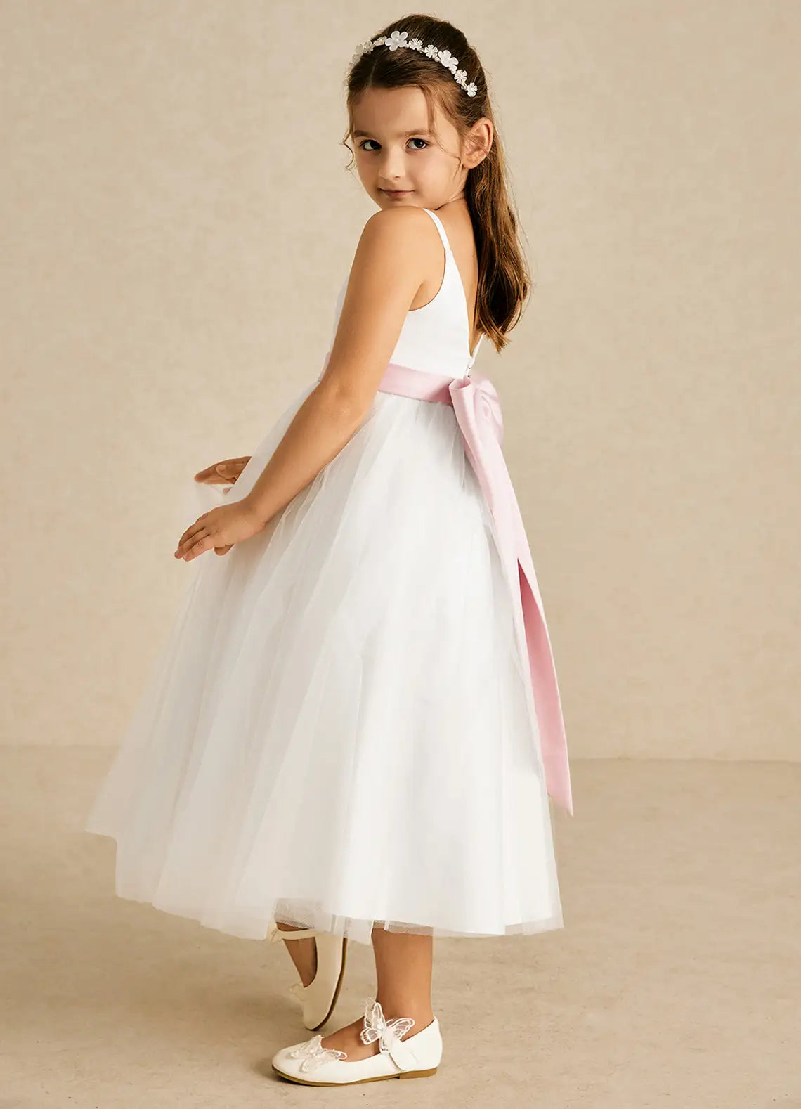 Adjustable Spaghetti Strap V-Neck V-Back Pink Sash Big Bow White Tulle Midi Flower Girl Dresses