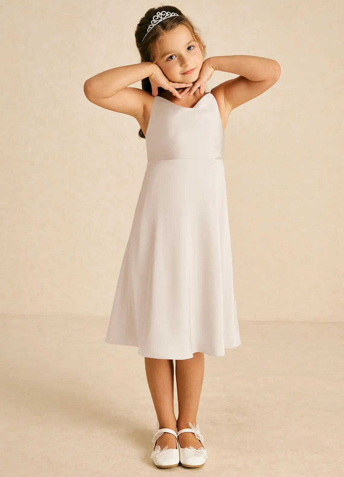 Adjustable Spaghetti Strap V-Neck White Satin Midi Junior Bridesmaid Dresses