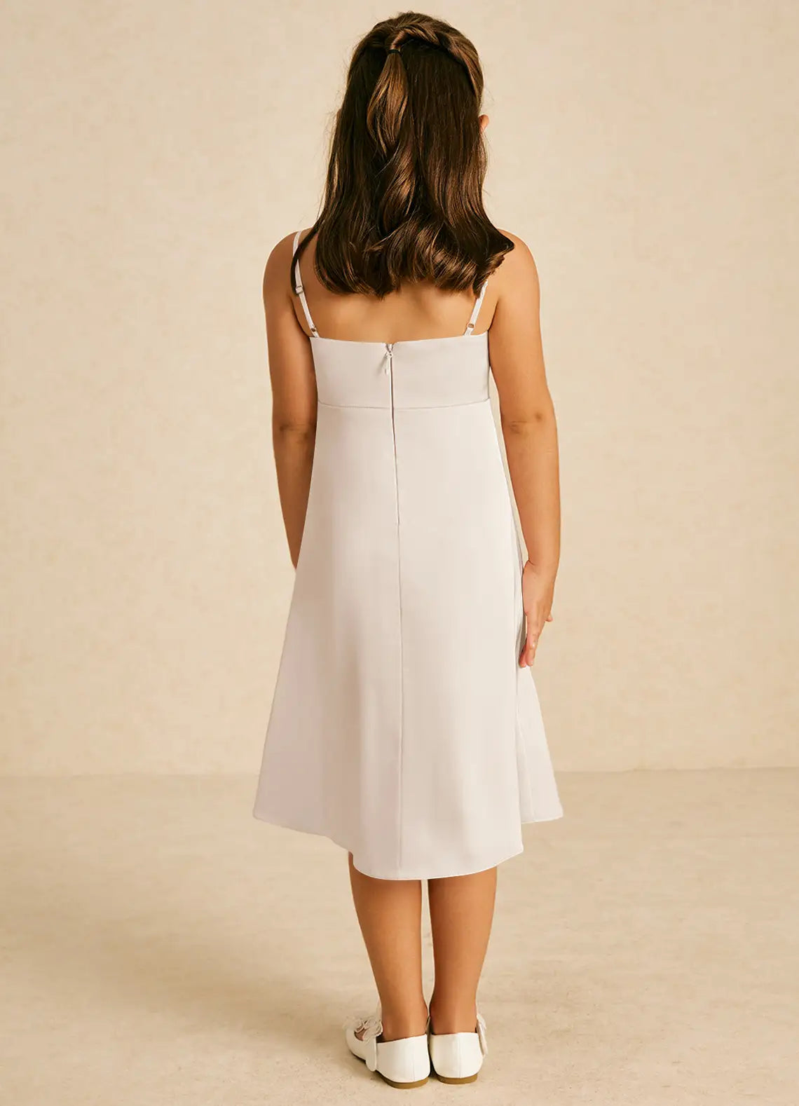 Adjustable Spaghetti Strap V-Neck White Satin Midi Junior Bridesmaid Dresses