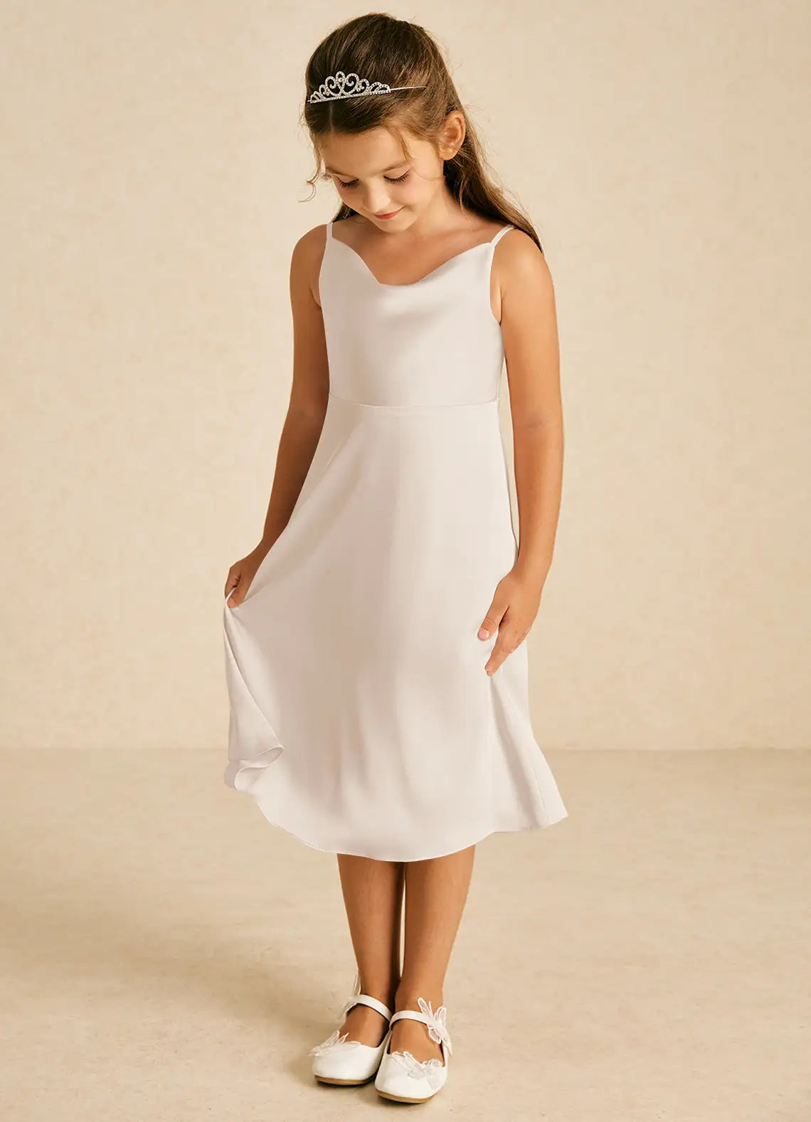 Adjustable Spaghetti Strap V-Neck White Satin Midi Junior Bridesmaid Dresses