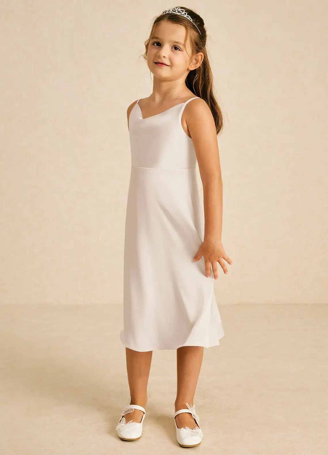 Adjustable Spaghetti Strap V-Neck White Satin Midi Junior Bridesmaid Dresses