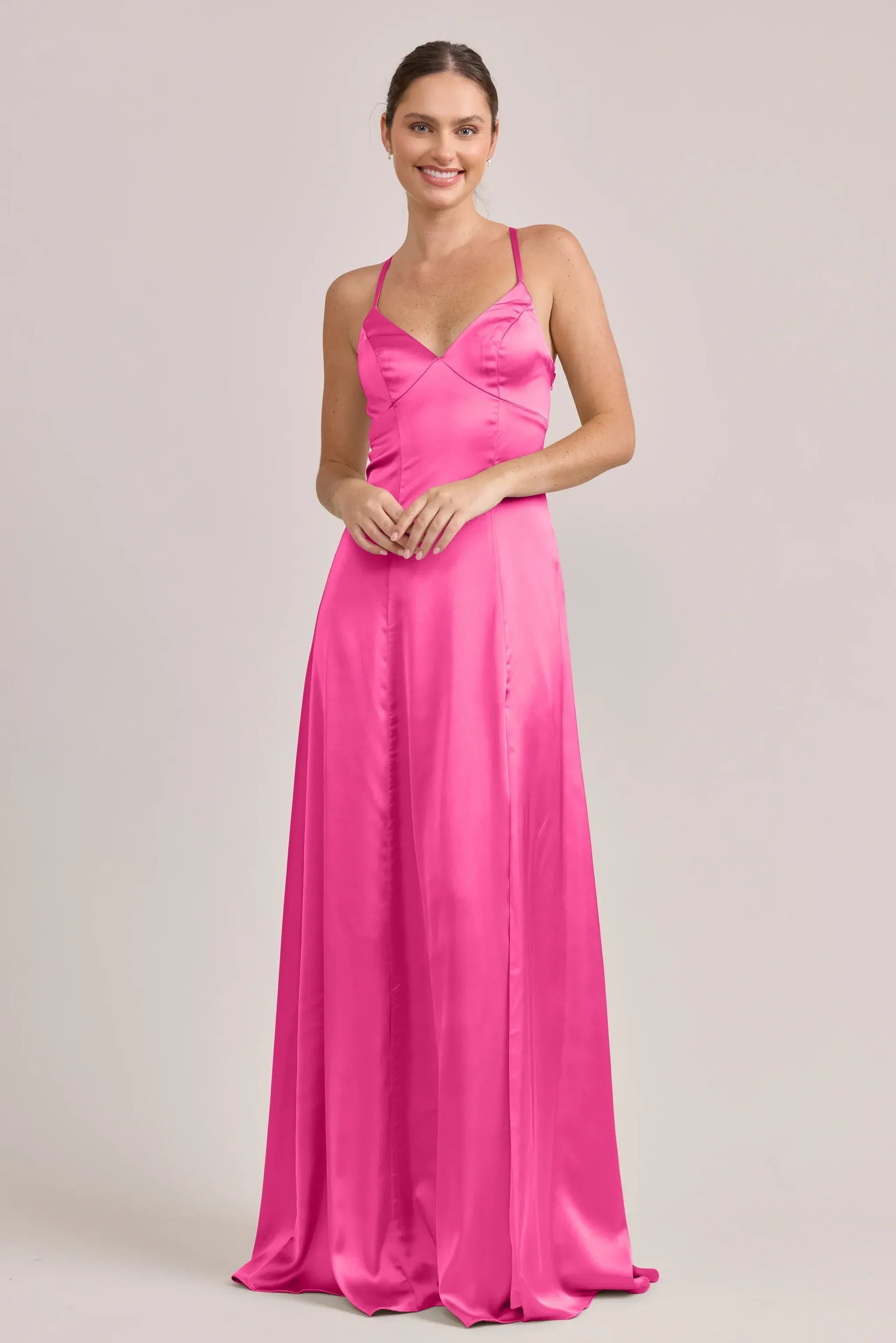 Adjustable Spaghetti V Neck Crisscross Lace-Up Back A Line Satin Long Bridesmaid Dress