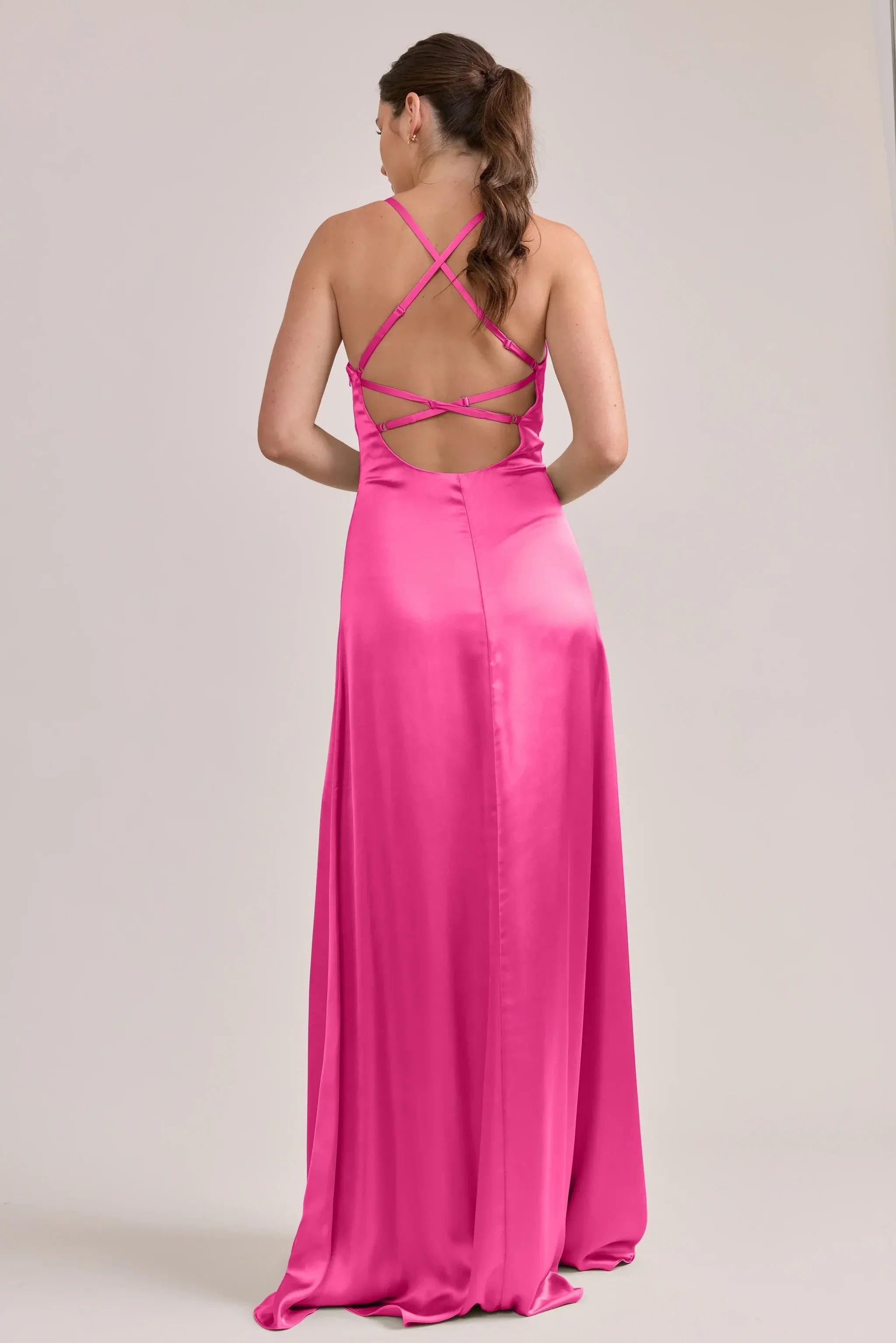 Adjustable Spaghetti V Neck Crisscross Lace-Up Back A Line Satin Long Bridesmaid Dress
