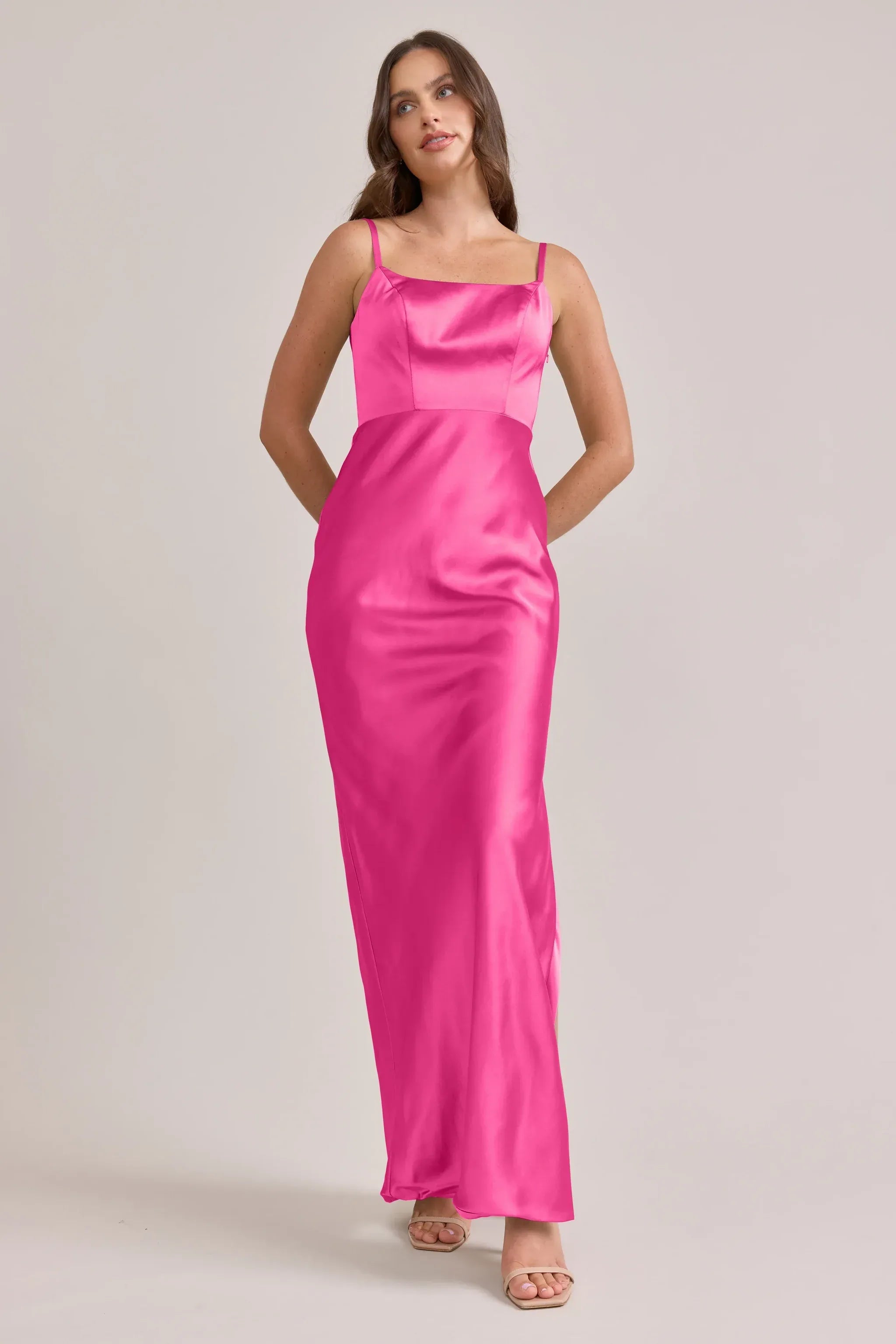 Adjustable Spaghetti Straight Neck Scoop Back High Slit Mermaid Satin Long Bridesmaid Dress
