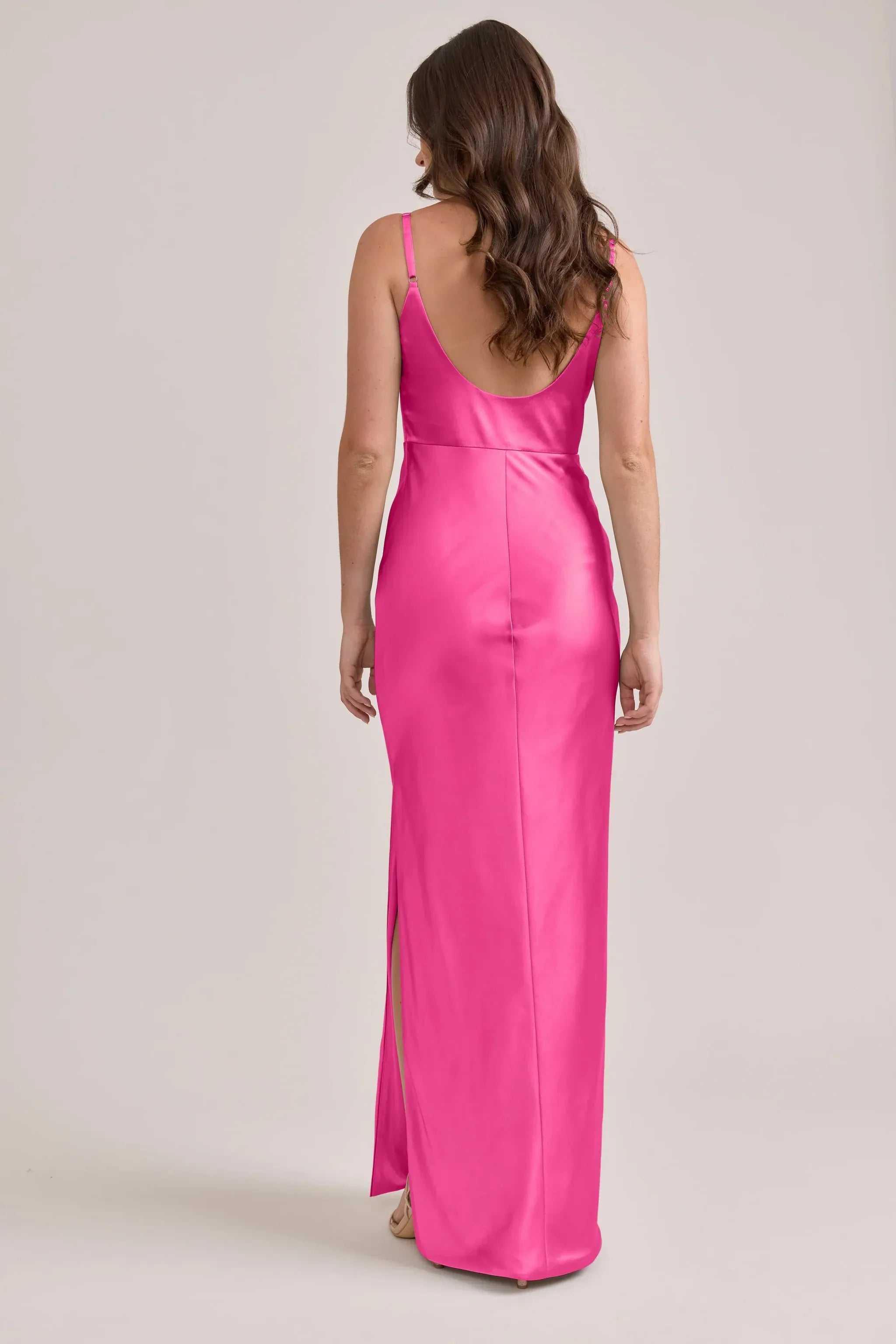 Adjustable Spaghetti Straight Neck Scoop Back High Slit Mermaid Satin Long Bridesmaid Dress