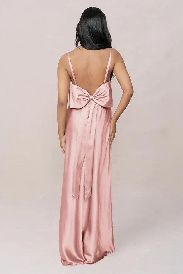 Adjustable Spaghetti Strap Back Big Bow High Slit Mermaid Satin Long Bridesmaid Dress