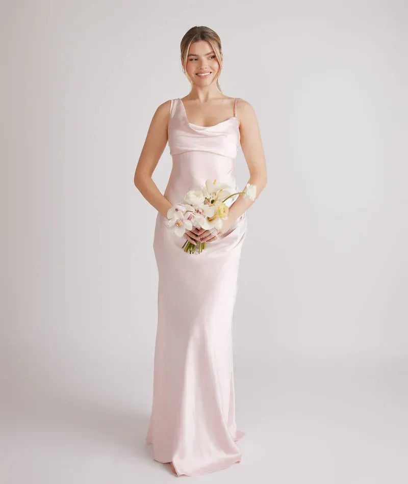 Adjustable Spaghetti Strap Cowl Neck Asymmetrical Back Mermaid Satin Long Bridesmaid Dress