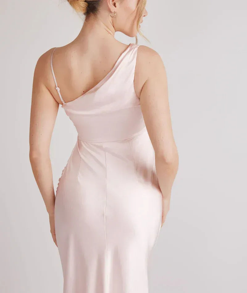 Adjustable Spaghetti Strap Cowl Neck Asymmetrical Back Mermaid Satin Long Bridesmaid Dress