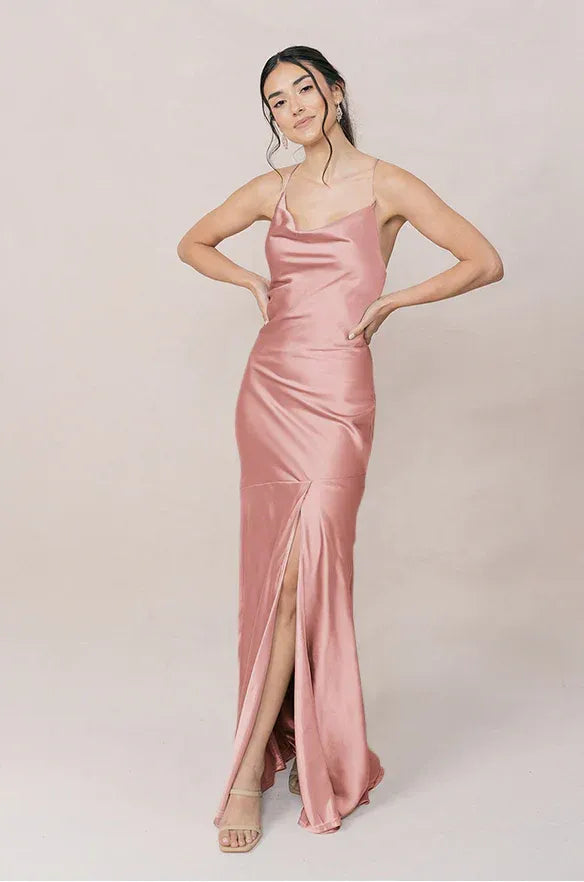 Adjustable Spaghetti Cowl Neck Crisscross Lace-Up Back High Slit Mermaid Satin Long Bridesmaid Dress