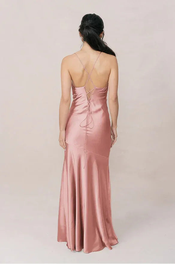 Adjustable Spaghetti Cowl Neck Crisscross Lace-Up Back High Slit Mermaid Satin Long Bridesmaid Dress