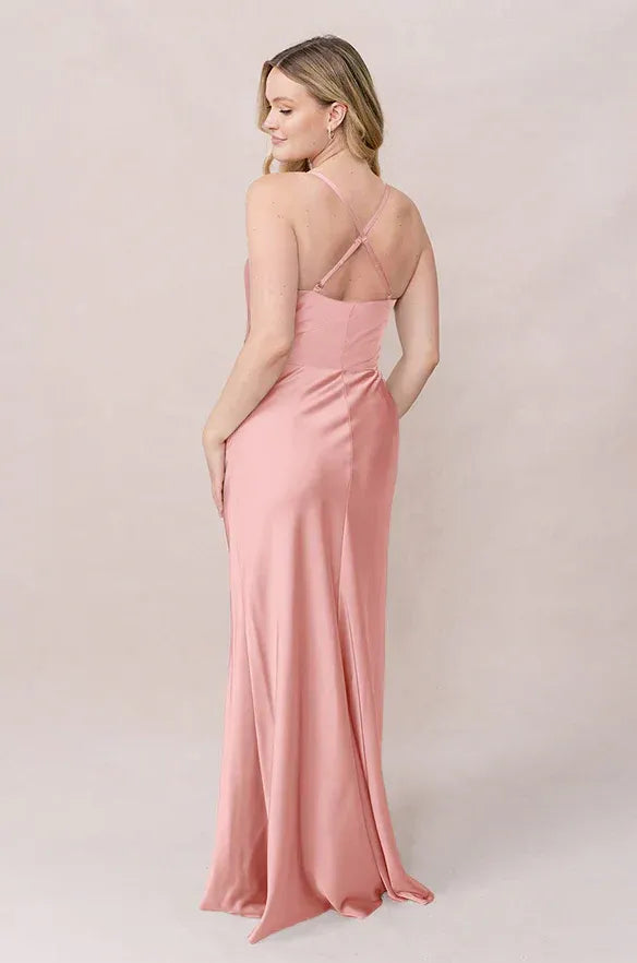 Adjustable Spaghetti Cowl Neck Cross Back Button High Slit Satin Long Bridesmaid Dress