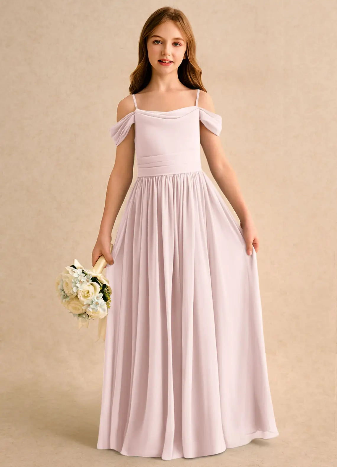 Adjustable Strap Off-The-Shoulder Cowl Back Pale Lavender Chiffon Full-Length Junior Bridesmaid Dresses