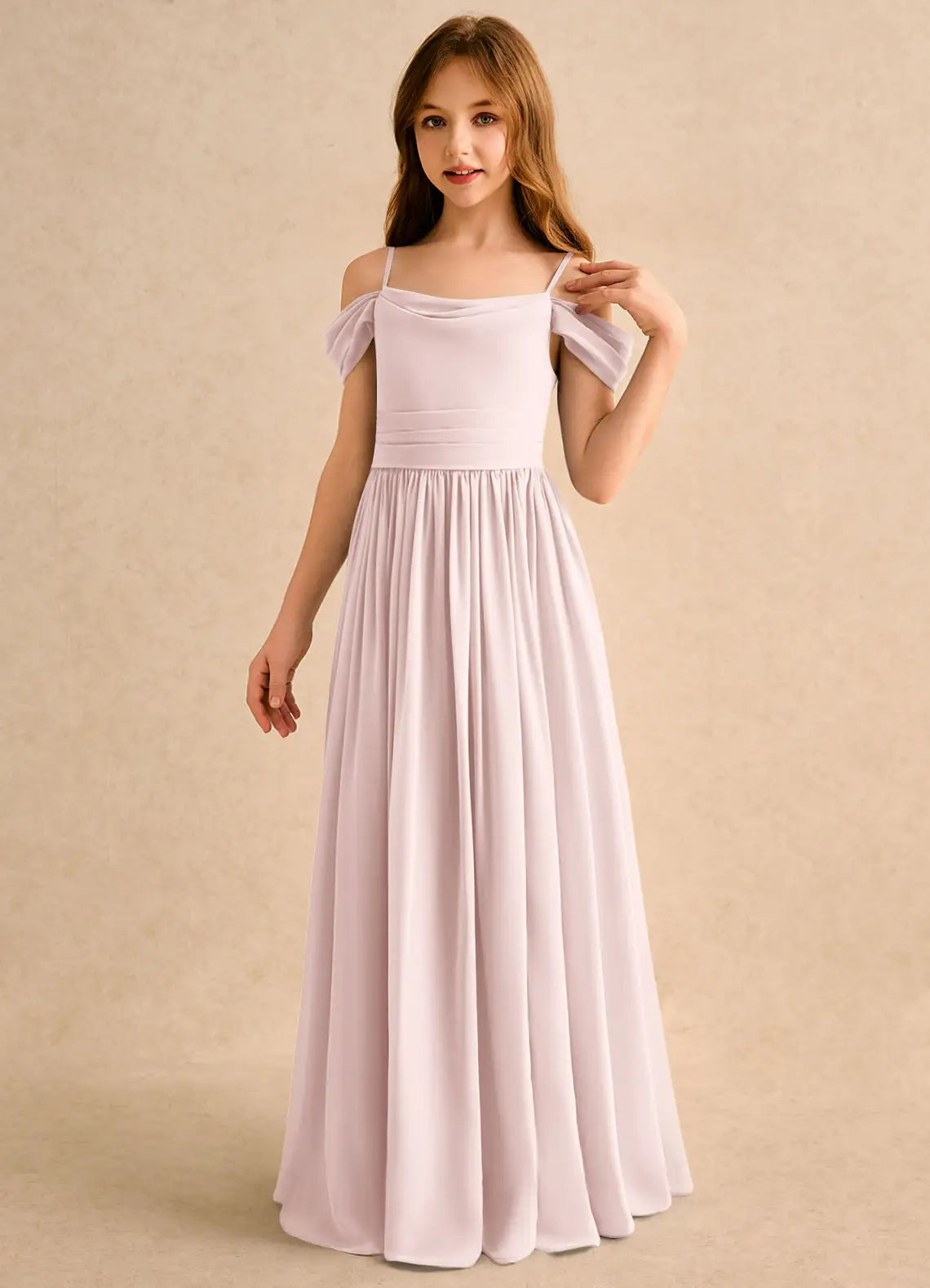 Adjustable Strap Off-The-Shoulder Cowl Back Pale Lavender Chiffon Full-Length Junior Bridesmaid Dresses