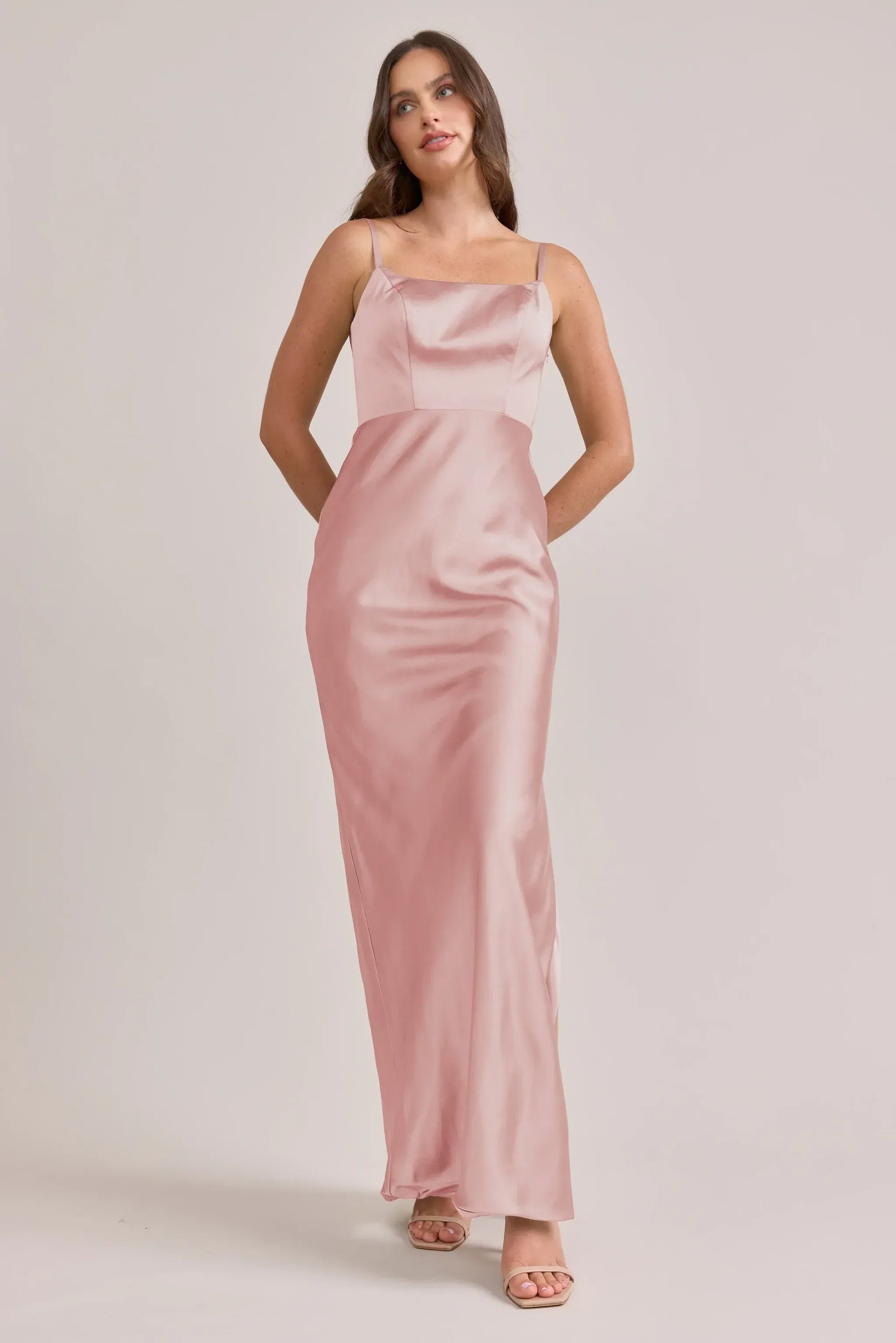 Adjustable Spaghetti Strap Square Neck U-Back High Slit Mermaid Satin Long Bridesmaid Dress