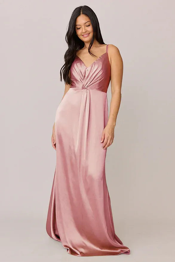 Adjustable Spaghetti Twist V Neck Low Back Mermaid Satin Long Bridesmaid Dress