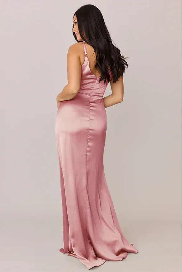 Adjustable Spaghetti Twist V Neck Low Back Mermaid Satin Long Bridesmaid Dress
