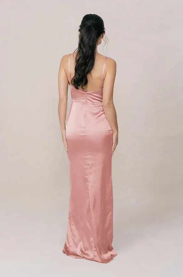Adjustable Spaghetti Wrap V Neck Side Pocket High Slit Mermaid Satin Bridesmaid Dress
