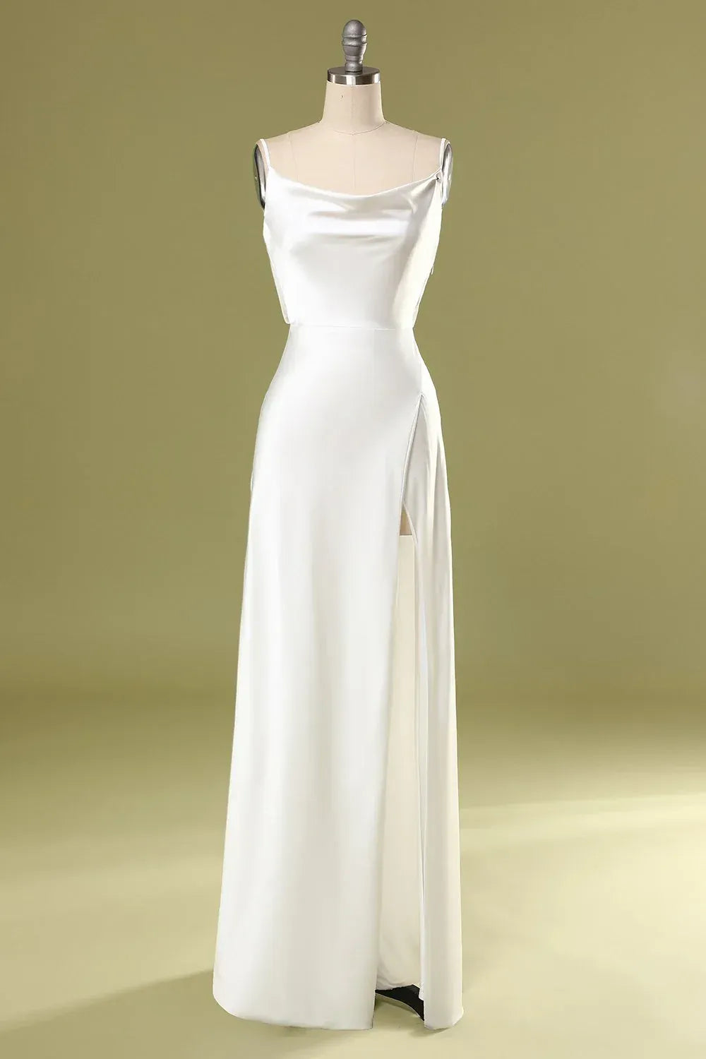 Adjustable Thin Spaghetti Strap Cowl Draped High Slit Gloss Satin Mermaid Wedding Dress With Train